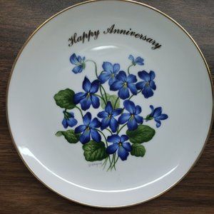 Vintage Royal Ann USA HAPPY ANNIVERSARY Deco Plate Signed D. Hague  Blue Pansies